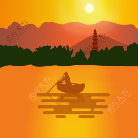 夕阳渔舟风景插画