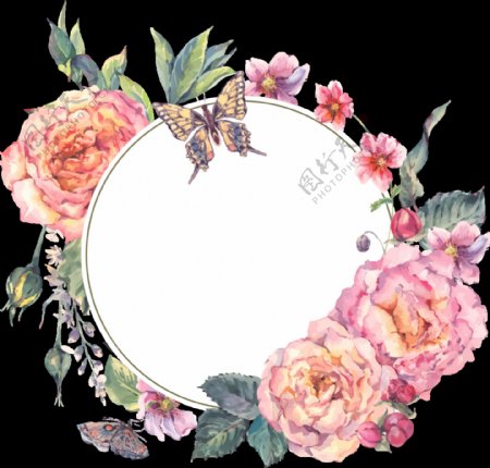 粉色牡丹花手绘花环装饰元素