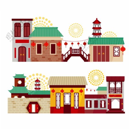 中国传统仿古艺术建筑插画