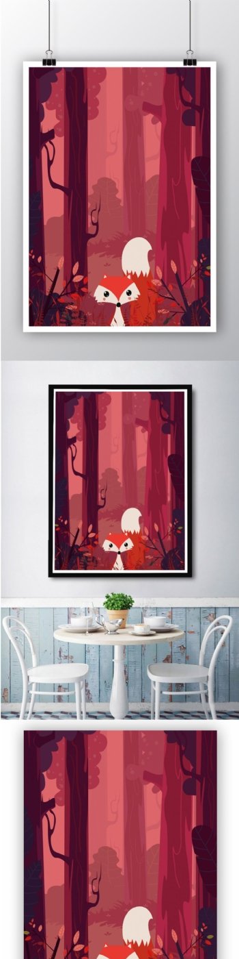 唯美红色森林背景丛林狐狸矢量插画模板