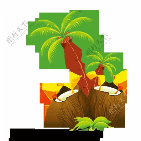 卡通绿色椰子树椰汁png元素