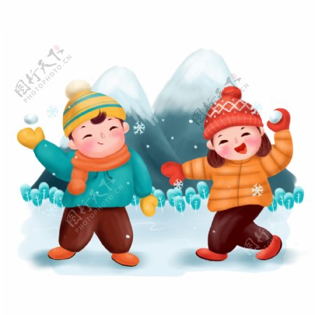 打雪仗冬天冬季节气下雪儿童可商用插画配图