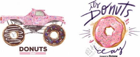 水彩卡通甜甜圈汽车图案