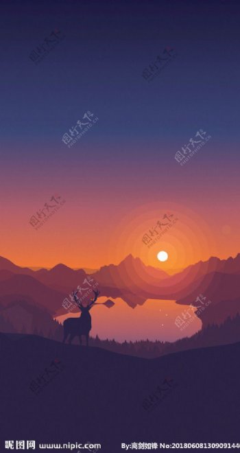 麋鹿湖边日落插画