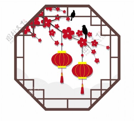中国风矢量手绘古典窗梅花灯笼可商用元素