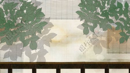 古代竹卷帘绿叶栏杆卡通元素