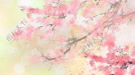 粉色花树花枝渲染水彩卡通背景