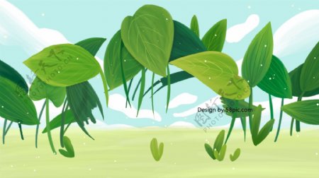 清新可爱植物叶子蓝天插画背景