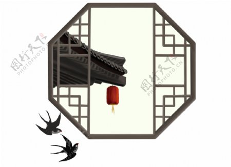 中式古代窗户房檐燕子png元素
