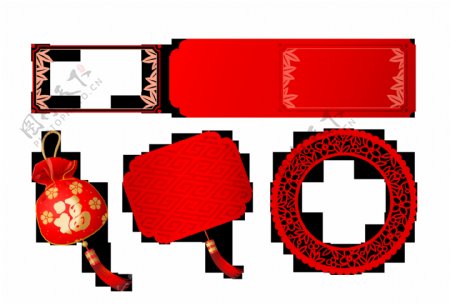 红色边框福袋花纹圆框png元素