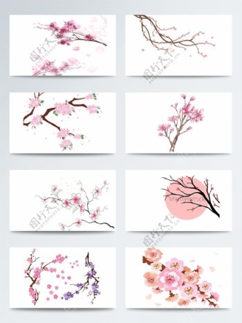 水彩手绘浪漫樱花树枝素材