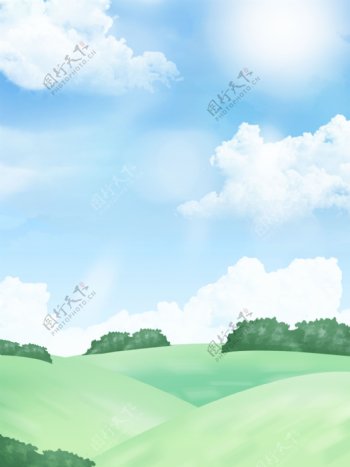 全原创手绘小清新卡通风景蓝天白云草地背景