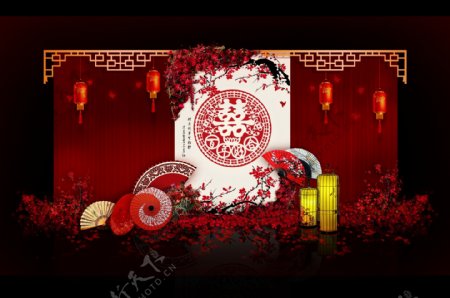 红色唯美中式中国风婚礼迎宾区效果图