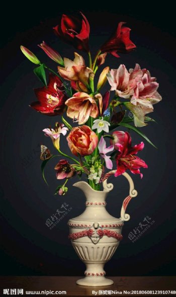 欧式复古鲜花花朵花瓶油画无框画