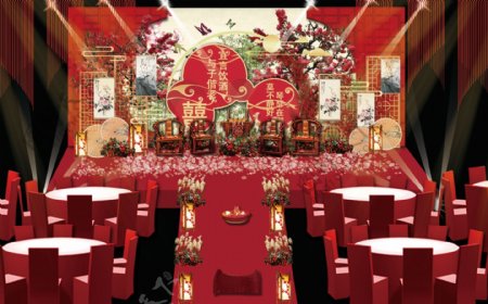 中国风红色传统婚礼舞台工装效果图