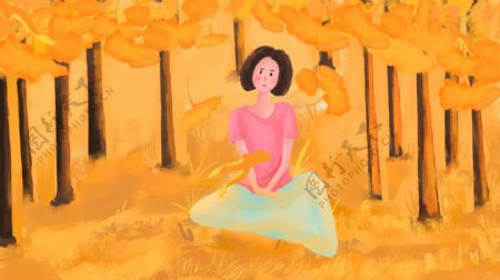 坐在草地上的女孩黄色树叶卡通女孩