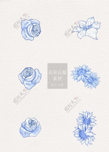 花和花瓣素材蓝色线条手绘ai矢