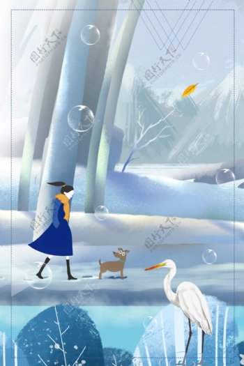 卡通手绘冬季清新唯美雪景广告背景图