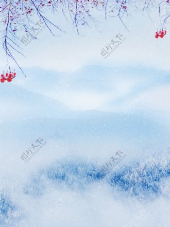 冬天山脉森林下雪雪景背景