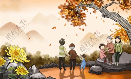 彩绘重阳节大树下聊天的人们海报背景素材