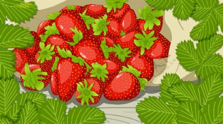 鲜红的草莓绿色叶子卡通背景