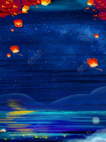 蓝色夜空下的红梅孔明灯和江水广告背景