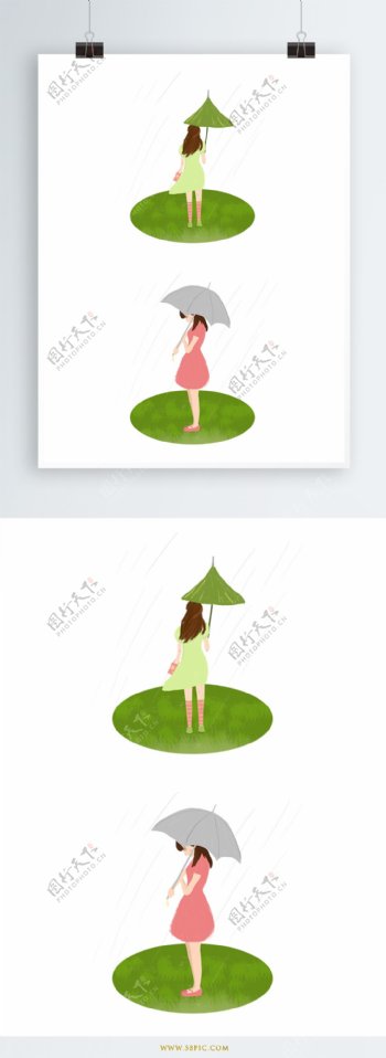 原创立夏手绘撑伞女孩插画元素设计
