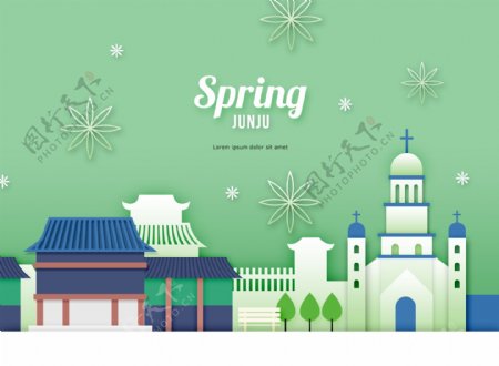 韩式春天卡通立体花朵建筑海报素材