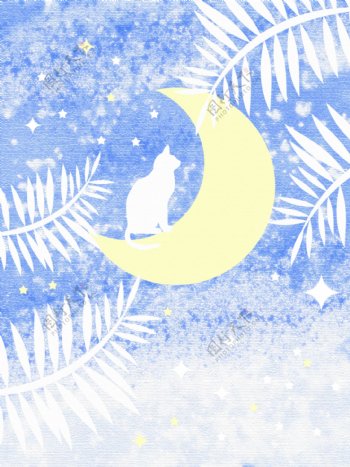 月亮上的猫蓝色幻想时尚简约背景