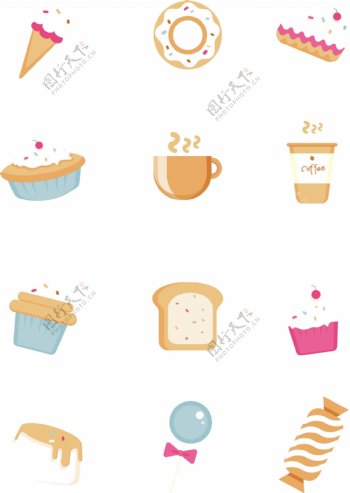 卡通扁平咖啡厅蛋糕店甜品图标icon