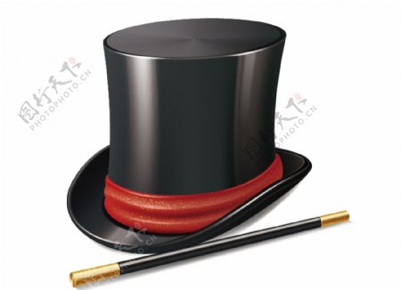 卡通黑色绅士帽魔法棒png元素