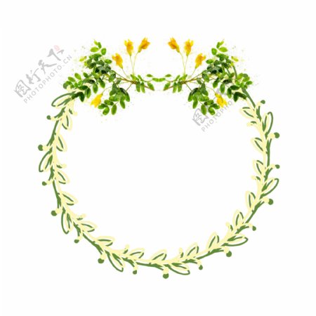 手绘圆形植物花卉绿色水彩边框元素