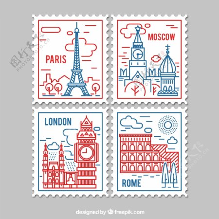 4款彩绘著名景点邮票矢量素材