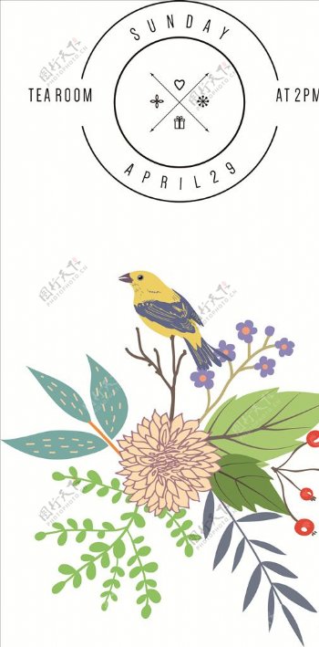 手绘花朵花卉卡通小鸟图案