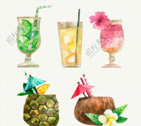 5款水彩绘夏季饮料矢量素材