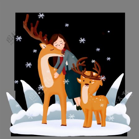 圣诞节麋鹿驯鹿女孩下雪人物动物场景素材
