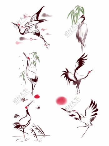 手绘动物中国风仙鹤可商用元素