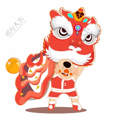 喜庆中国风舞狮的小猪卡通猪年元素