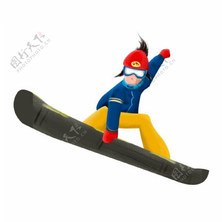 手绘卡通男孩玩滑雪原创元素