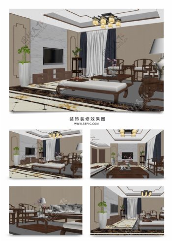 现代新中式风格家装客厅效果图