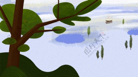 卡通可爱河边树木小草背景