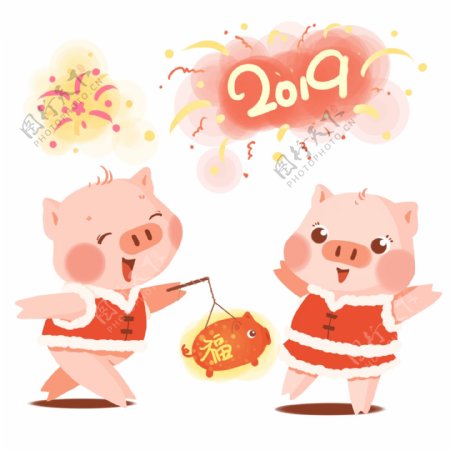 手绘2019春节可爱小猪戏灯图