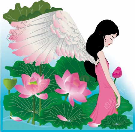 手绘人物天使少女翅膀荷花荷叶植物花卉元素
