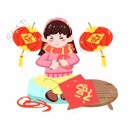 春节传统习俗剪窗花手绘插画
