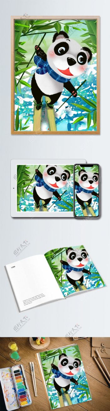 冬季欢乐场景小熊猫竹板在竹林滑行