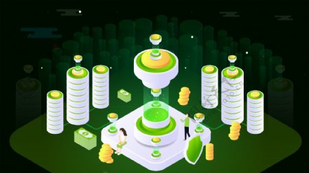 墨绿色金融2.5D安全理财AI矢量插画