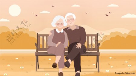 小清新关爱老人老年夫妻公园椅子休息插画
