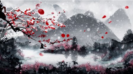 中国风复古水墨水彩冬季梅花水墨画插画