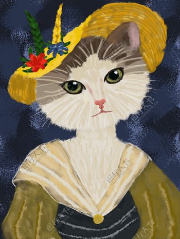 喵记印象贵妇猫复古油画质感插画