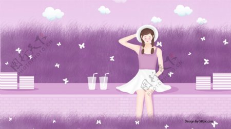 紫色小清新夏天女孩8月你好插画